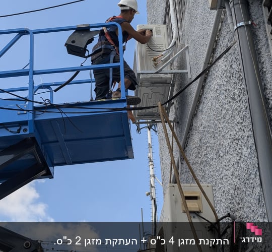 טכנאי מתקין מזגן על קיר חיצוני עם מנוף